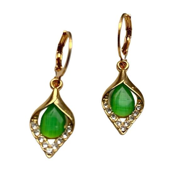 Emerald Green Art Deco Style Earrings – Gold Tone with Faux Jade Accent - Picture 8 of 8